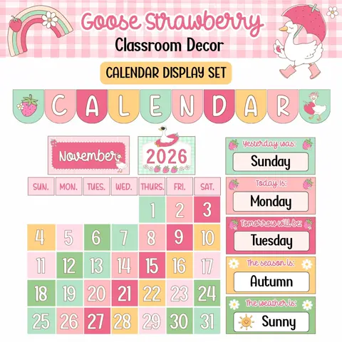 Strawberry Goose Classroom Calendar Set Editable Decor Printable Morning Meeting Kit for Teachers
