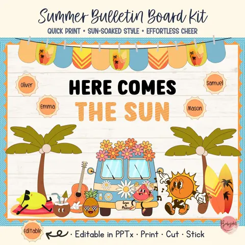 Summer board kit for groovy classroom decor and editable door signs