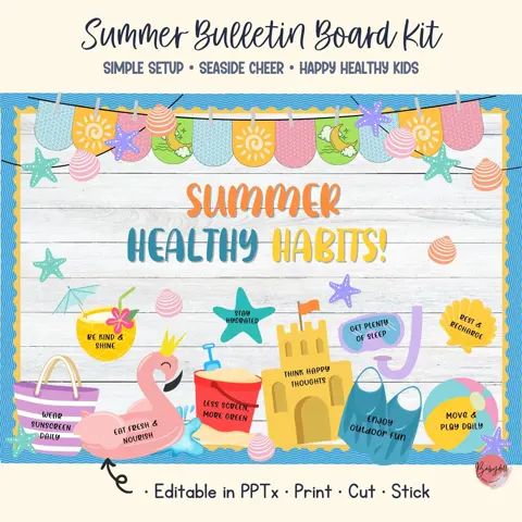 Summer board kit for healthy habits and beach themed elementary classroom decor