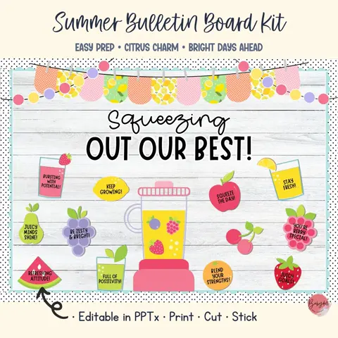 Summer bulletin board kit for motivational fruit themed elementary classroom door decor