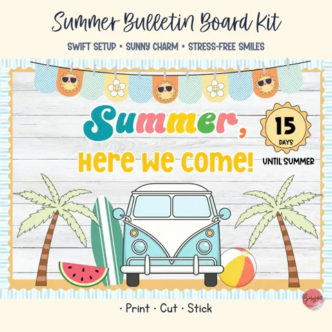 Summer bulletin board kit with retro van for hello summer classroom decor