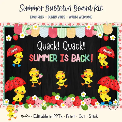 Summer Bulletin Kit Duck Strawberry Classroom Door Decor Editable Student Names