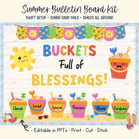 Summer bulletin kit with beach buckets for Christian classroom and Sunday school decor