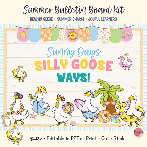 Summer bulletin kit with silly goose decor for preschool and kindergarten classrooms