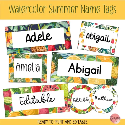 Summer Name Tags: Editable Tropical Desk Plates (Digital Download)