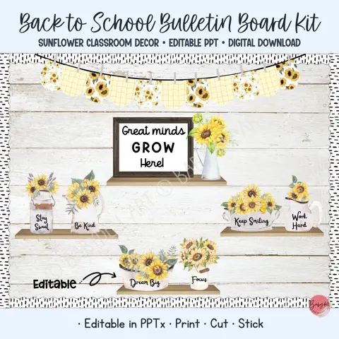 Sunflower board kit and farmhouse classroom decor with mason jar name tags