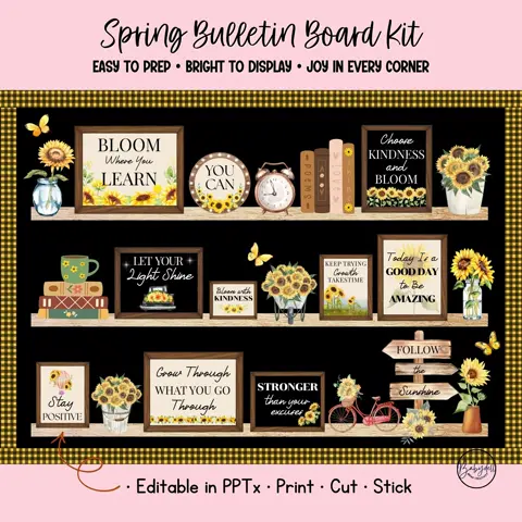 Sunflower Board Kit Farmhouse Motivational Bookshelf Spring Classroom Decor Editable Frames