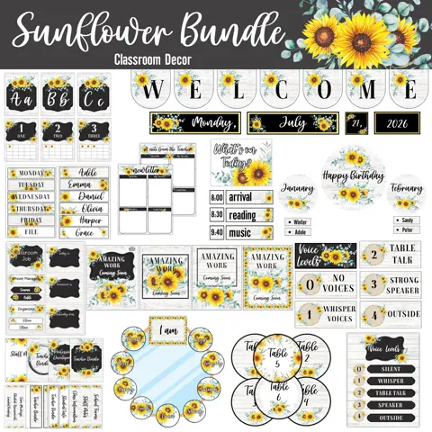 Sunflower Decor Kit, Rustic Farmhouse Classroom Bundle, Editable Back To School