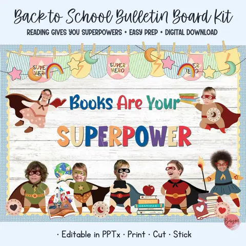 Superhero bulletin board kit with reading superpower decor and student photo craft