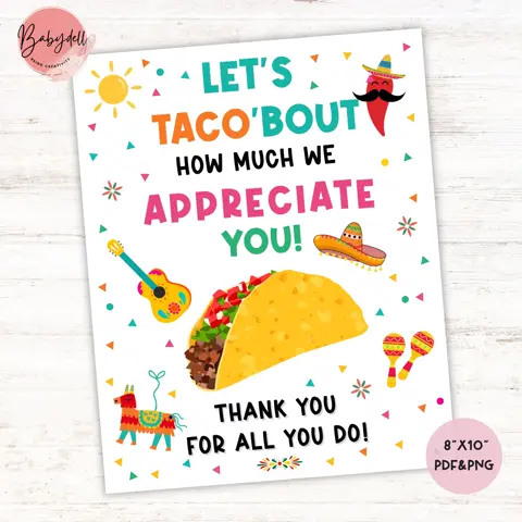 Taco Appreciation Sign Staff Thank You Poster Office Fiesta Decor Teacher Week