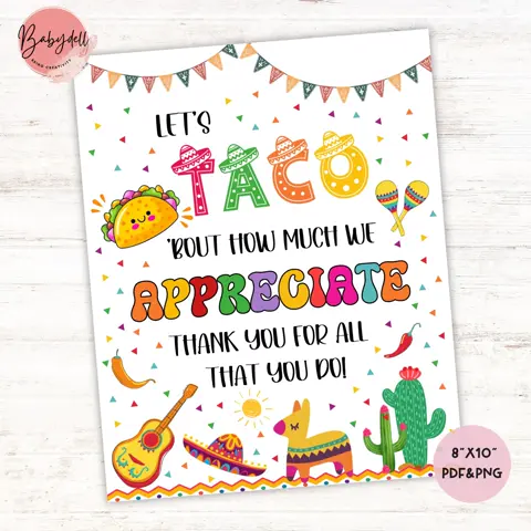 Taco Thank You Sign Fiesta Teacher Staff Appreciation Week Volunteer Poster