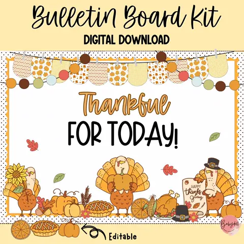 Thanksgiving Bulletin Board Kit with 3 Phrases, Cute Turkey Classroom Decor, Fall Door Display, Grateful Thankful Homeschool Printable Art