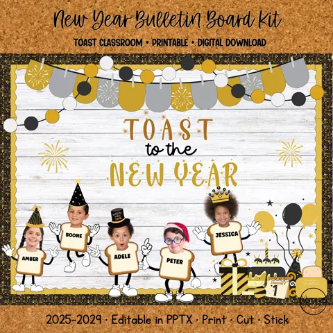 Toast to the New Year Bulletin Board Kit & Interactive January Classroom Door Decor