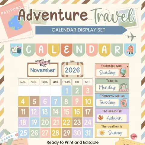 Travel Calendar Set Editable Morning Meeting Board Adventure Classroom Decor