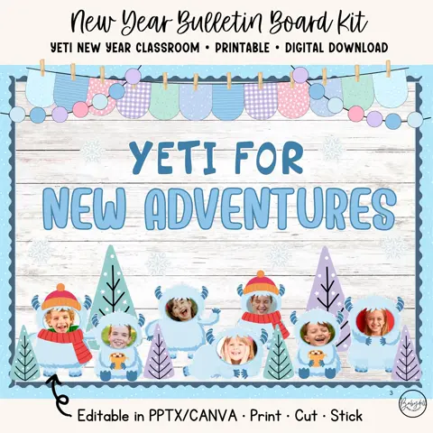 Yeti New Year Bulletin Board Kit, Editable Winter Classroom Door Decor