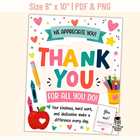 Appreciation sign for teacher thank you and colorful staff recognition decor