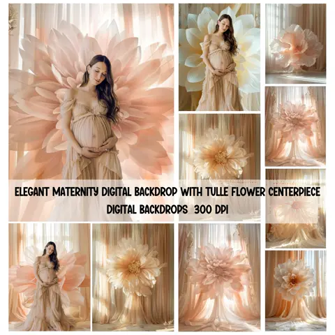Digital Maternity Backdrop Elegant Tulle Flower Photo Background Bundle