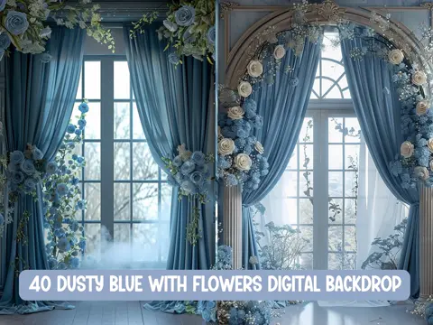 Dusty Blue Floral Digital Backdrop Silk Inspired Background Bundle