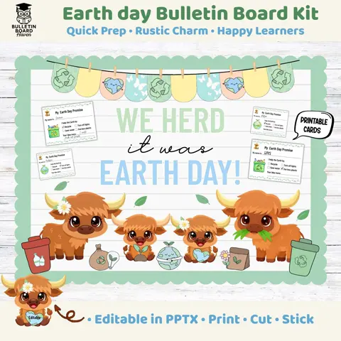 Earth Day Board Kit Highland Cow Spring Classroom Door Decor Editable