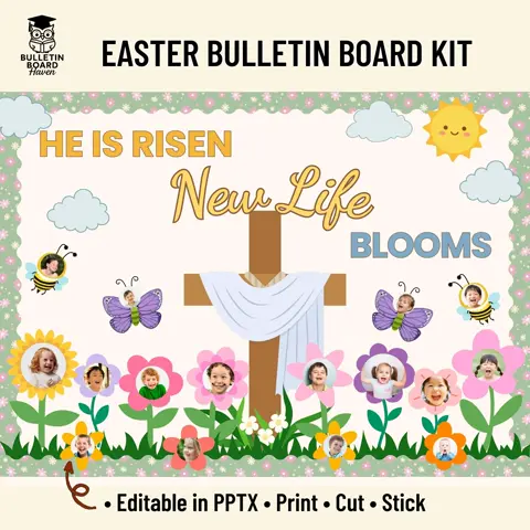 Easter Bulletin Kit Christian Spring Classroom Decor He is Risen Photo Faces