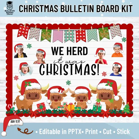 Editable Highland Cow Christmas Bulletin Board Kit for Classroom Door Decor