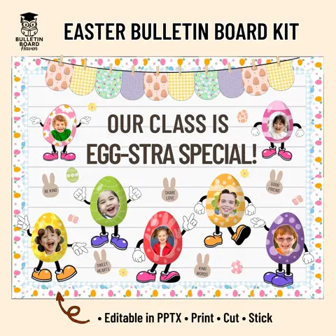 Editable Hoppy Easter Bulletin Board Kit with Student Photo Eggs for Classroom