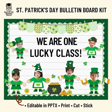 Editable St Patricks Day Bulletin Board Kit with Leprechaun Student Photo Display