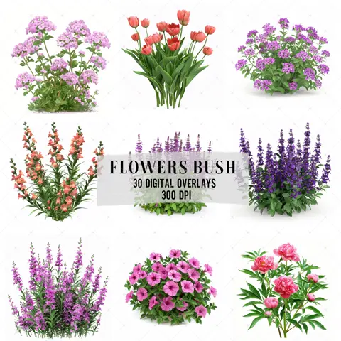 Garden Flowers Photo Overlays: Vibrant Floral PNG Effects (Digital Download)