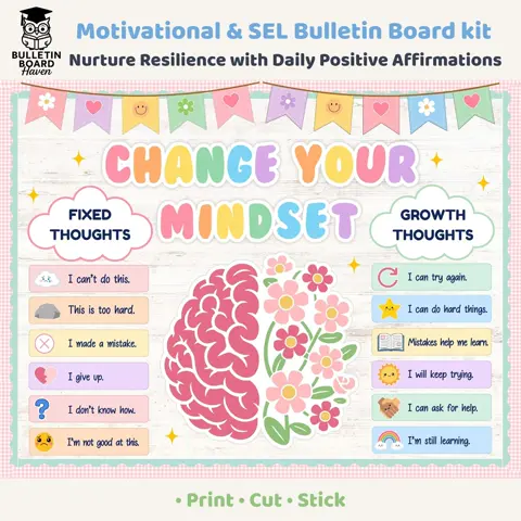 Growth Mindset Decor Floral Brain SEL Bulletin Board Kit For School Counselors