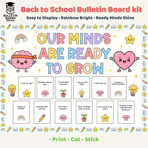 Growth Mindset Decor, Kawaii Pastel Classroom Bundle, Editable Bulletin Board Kit