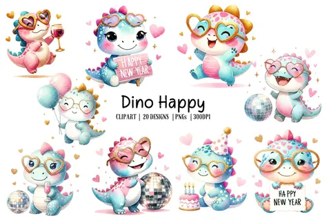 Happy New Year Dinosaur Clipart: 20 Watercolor Dino PNGs