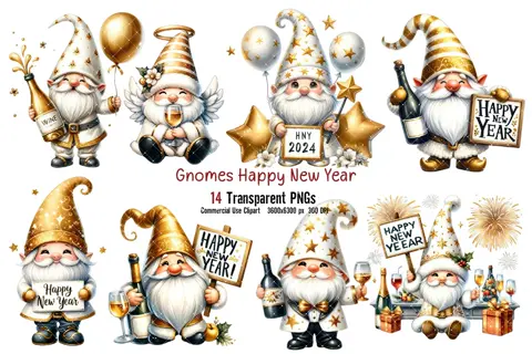 Happy New Year Gnomes Clipart: Watercolor PNG Graphics