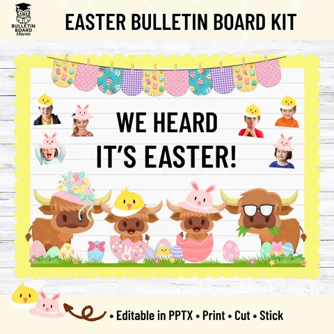 Highland Cow Easter Bulletin Board Kit Printable Classroom Door Decor Spring Farmhouse Theme