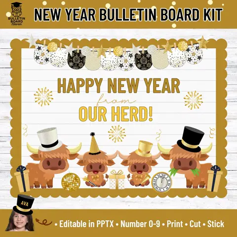 Highland Cow New Year Bulletin Board Kit for Classroom Door or Hallway Decor