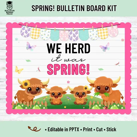 Highland Cow Spring Bulletin Board Kit Editable Farm Classroom Decor for April Door