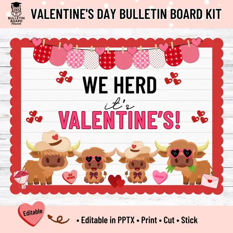 Highland Cow Valentine’s Day Bulletin Board Kit, Farmhouse Classroom Decor, Editable February Door Display