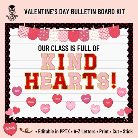 Kind Hearts Valentine's Day Bulletin Board Kit with Editable Student Names
