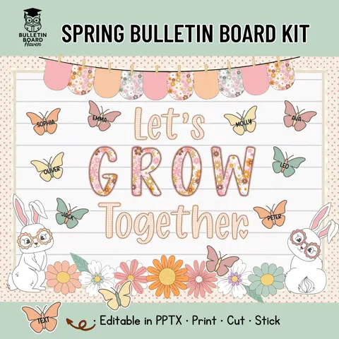 Let's Grow Together Bulletin Board Kit for Spring Classroom Decor with Retro Bunnies