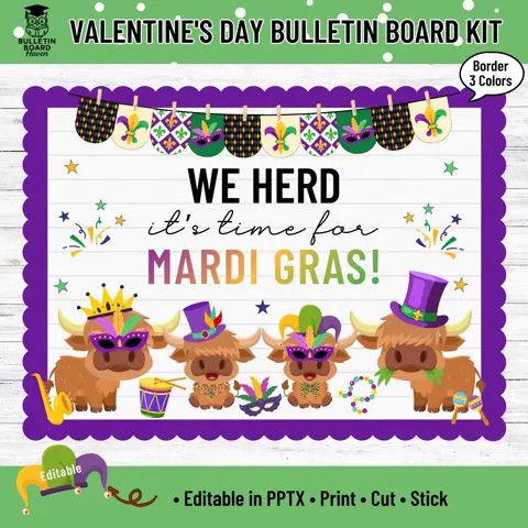Mardi Gras Highland Cow Bulletin Board Kit Printable Classroom Door Decor Fat Tuesday