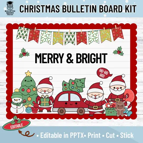 Merry and Bright Christmas Bulletin Board Kit, Editable Printable Classroom Decor for Winter