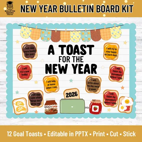 New Year Bulletin Board Kit with Editable Goal Setting Toasts for January Classroom Decor