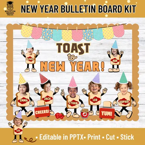New Year Classroom Bulletin Board Kit with Editable Toast Theme Name Tags