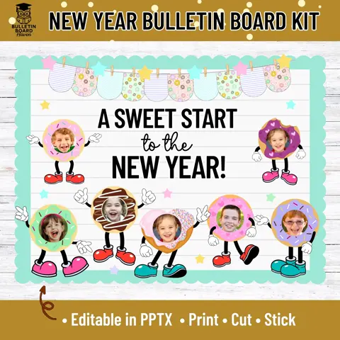 New Year Donut Bulletin Board Kit: Editable Classroom Door Decor with Student Photos