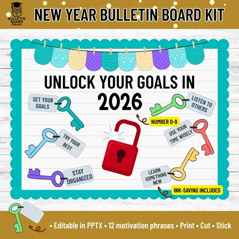 New Year Keys to Success Bulletin Board Kit for Growth Mindset Goals