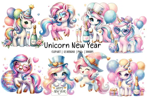 New Year Unicorn Clipart: Rainbow PNG Graphics (Digital Download)