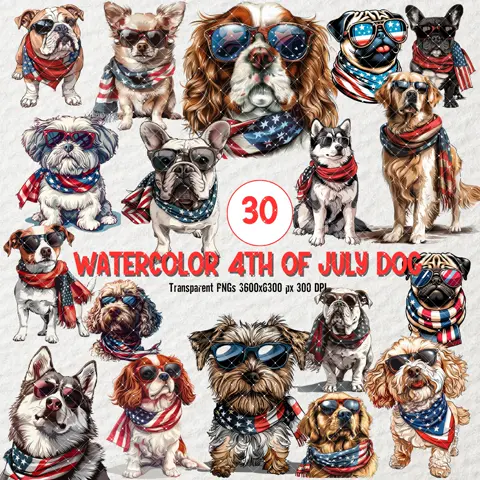 Patriotic Dogs 4th of July Watercolor Clipart Bundle (Digital Download)