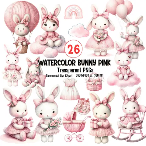 Pink Rabbit Clipart Bundle: Watercolor Bunny PNGs for Baby Shower