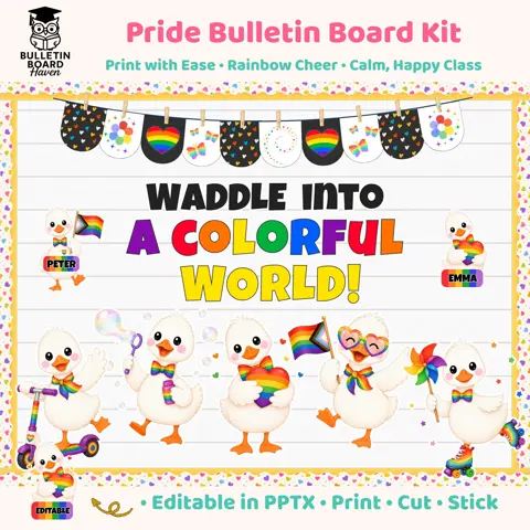 Pride board kit with rainbow duck decor for inclusive classroom door display