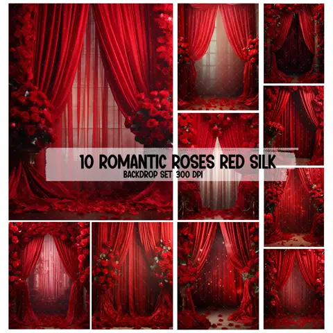 Red Silk Roses Backdrop: Romantic Wedding Photography (PNG Digital Files)
