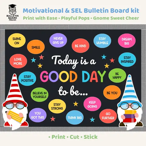 SEL bulletin board kit with motivational gnomes for classroom decor